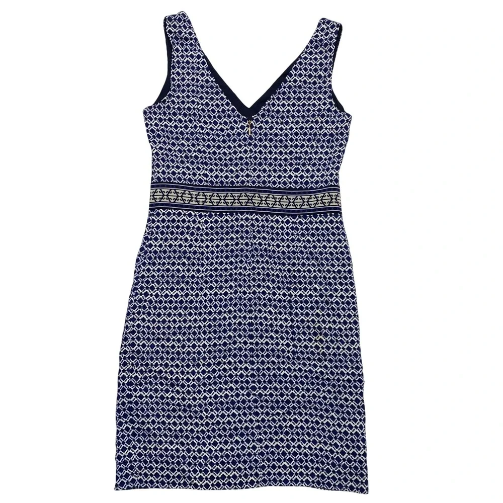 Tory Burch Navy‎ Blue White Geometric Tile V-Neck Sleeveless Shift Dress Size 8